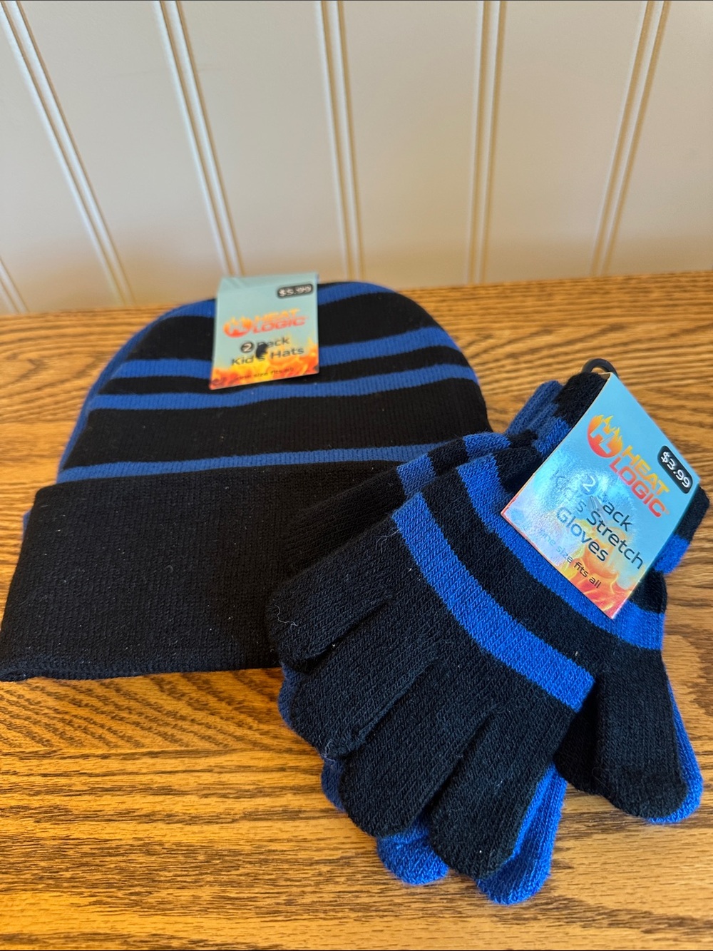 Kids Black and Blue Striped Beanie & Gloves Set